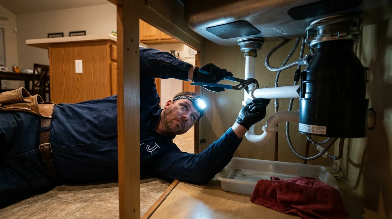 P-trap and supply line connections under a kitchen sink showing a common leak point in Selma, NC